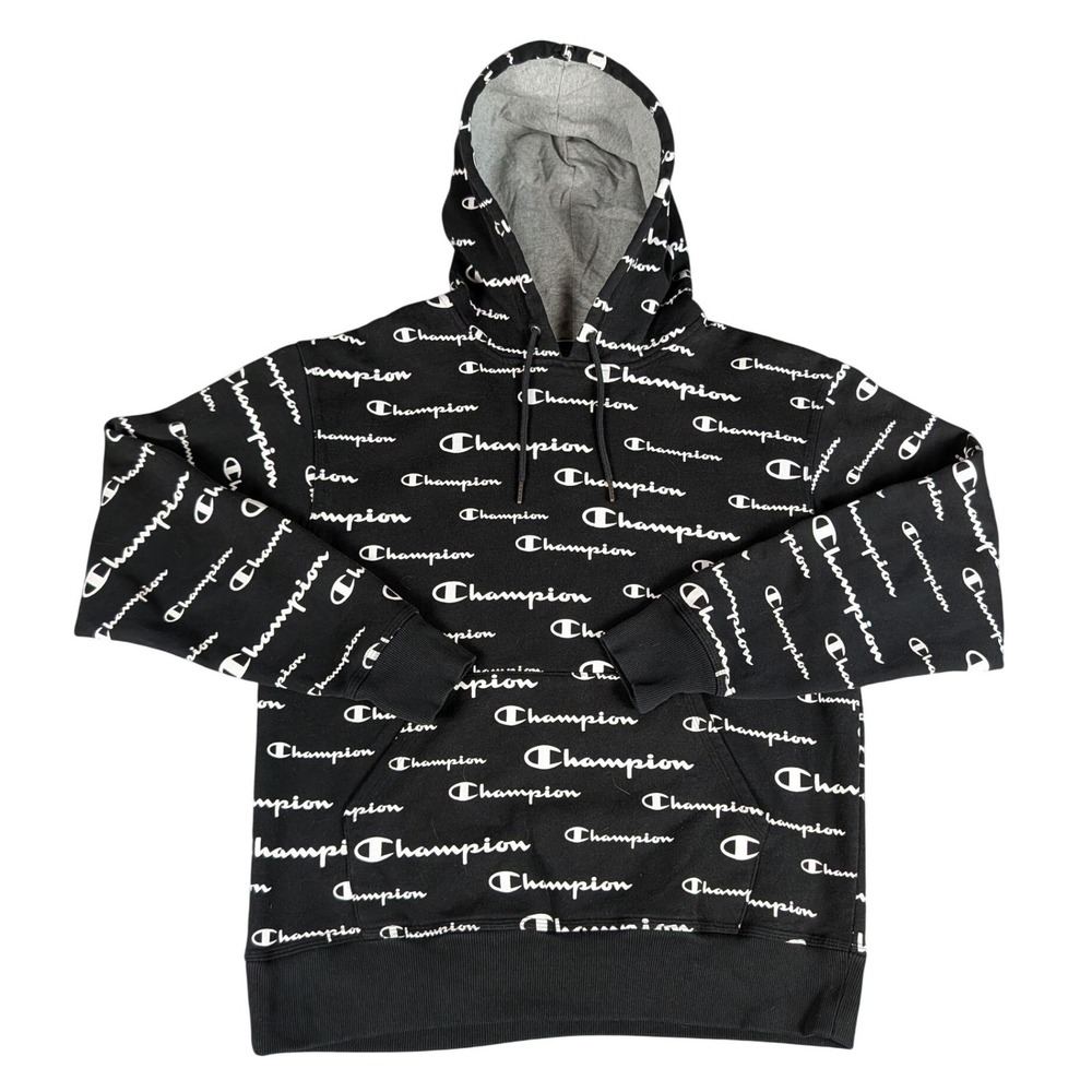 Champion Mens All Over Logo Print Pullover Hoodie Black White Authentic Athletic